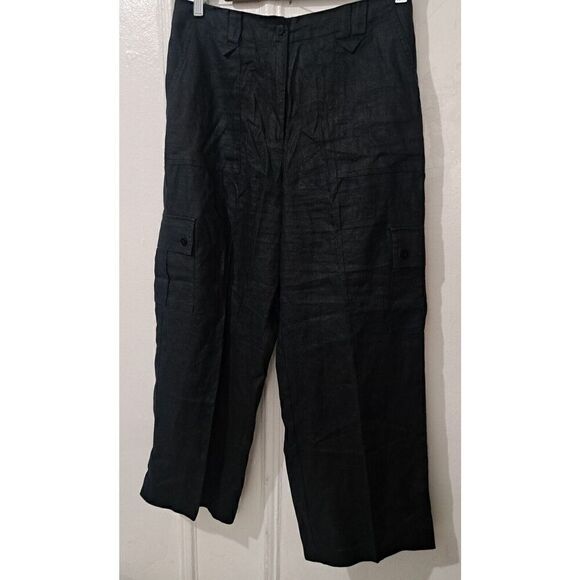 Real Comfort Pants - Real Comfort Womens Size 10 Wide Leg 100% Linen Cargo Pant Black LAGENLOOK